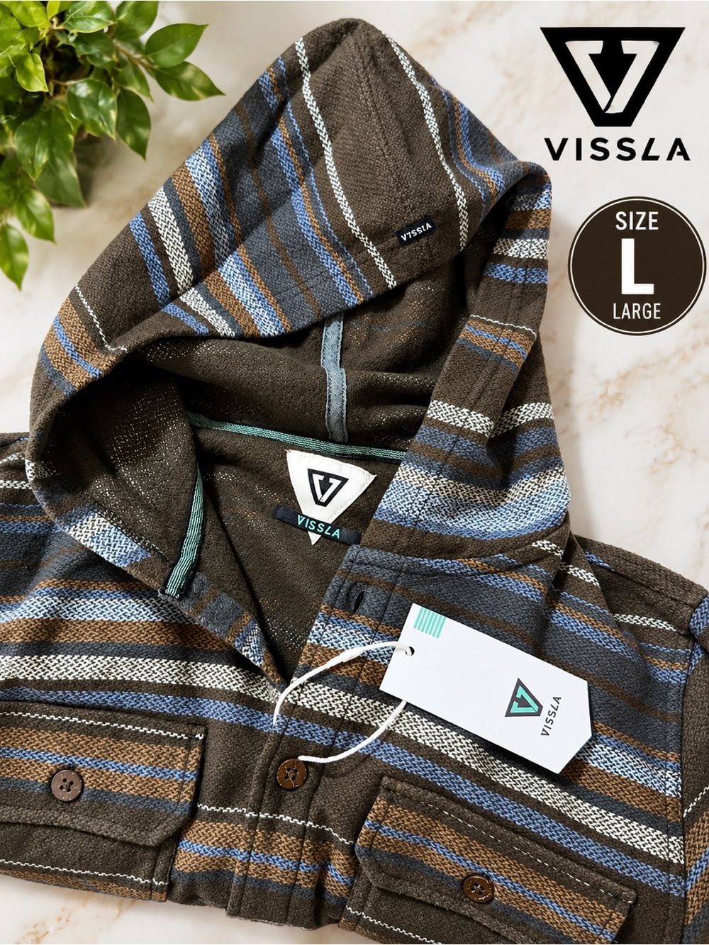 VISSLA Kids Hooded Jacket in Olive with Blue & Brown Stripes